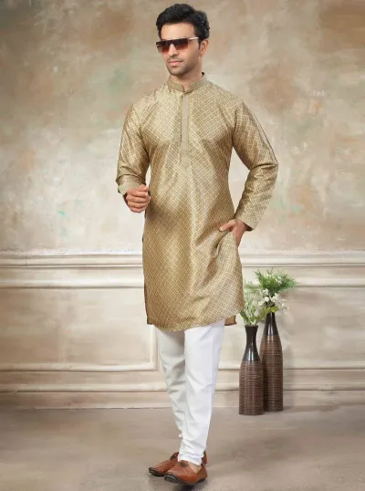 Cream Colour Cotton With Embroidery Work Kurta Payjama Menswear Collections